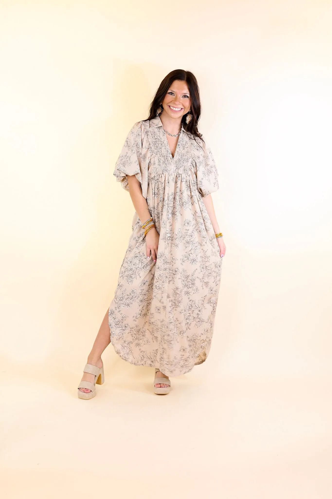 Timeless Blossom Floral Print Button Up Dress in Mocha Brown