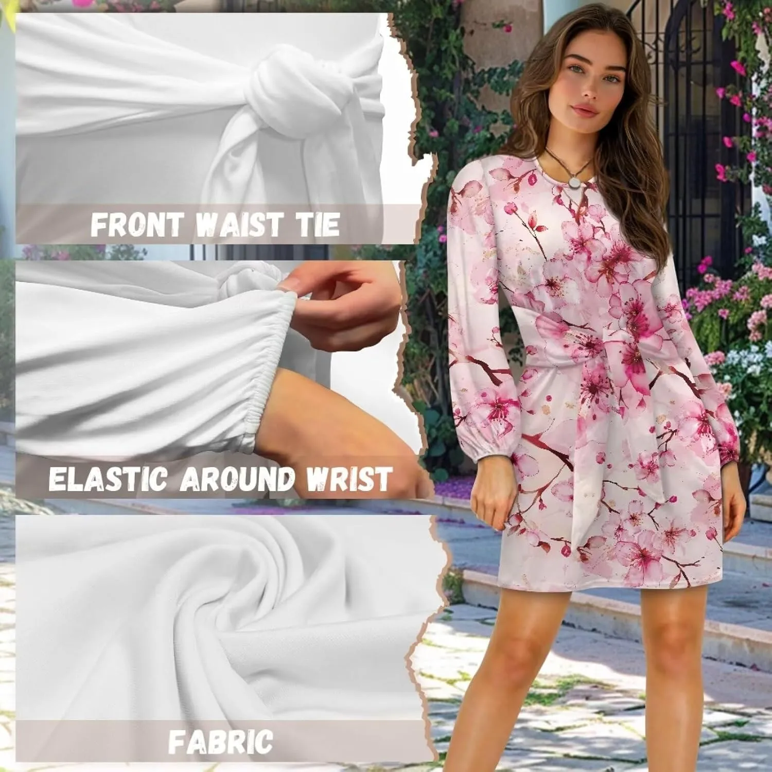 TODIYADDU Womens Casual Long Sleeve Tie Dress Trendy Midi Dress with Belt Elegant Tie Knot Mini Short Swing Skater Dresses