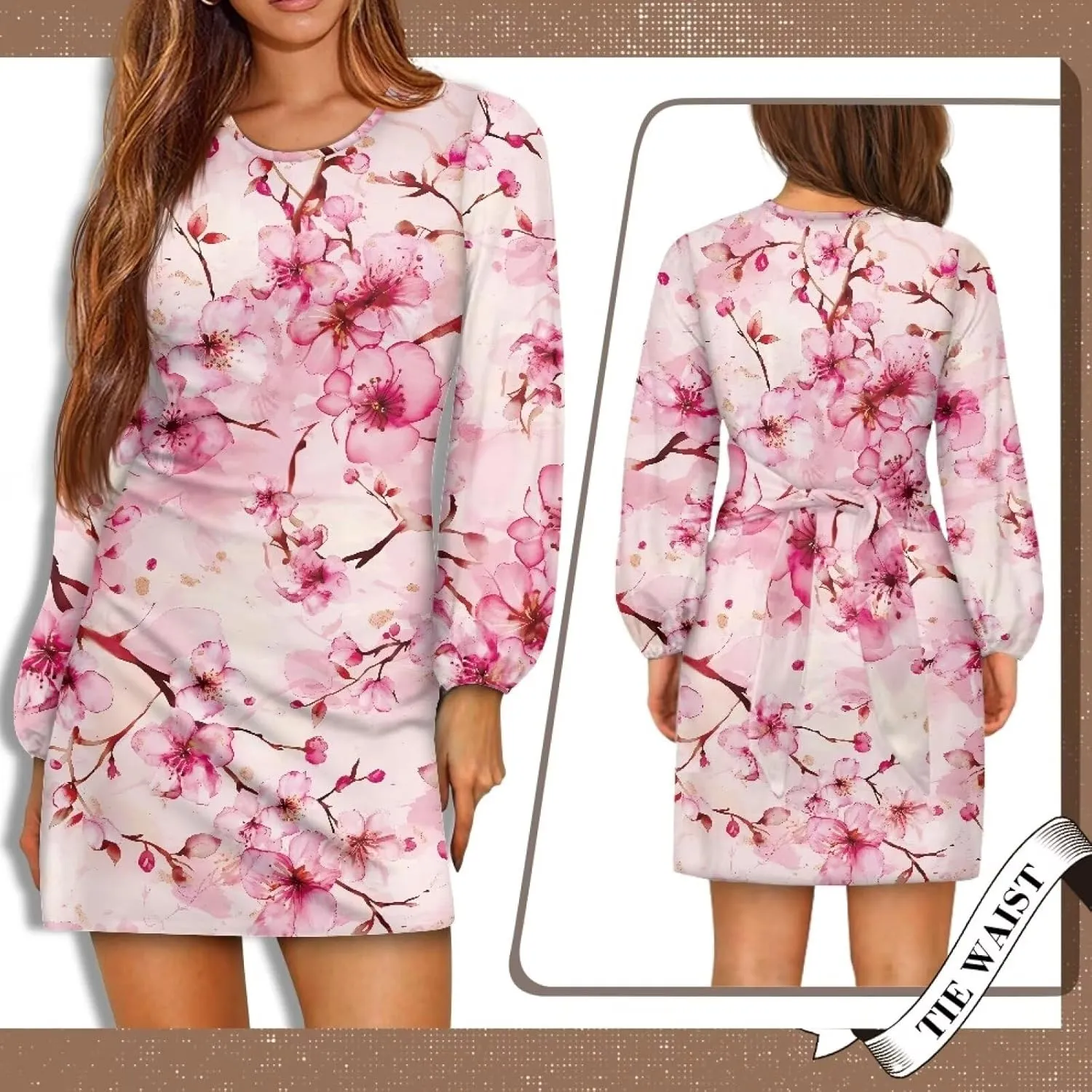 TODIYADDU Womens Casual Long Sleeve Tie Dress Trendy Midi Dress with Belt Elegant Tie Knot Mini Short Swing Skater Dresses