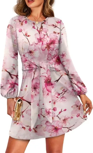TODIYADDU Womens Casual Long Sleeve Tie Dress Trendy Midi Dress with Belt Elegant Tie Knot Mini Short Swing Skater Dresses