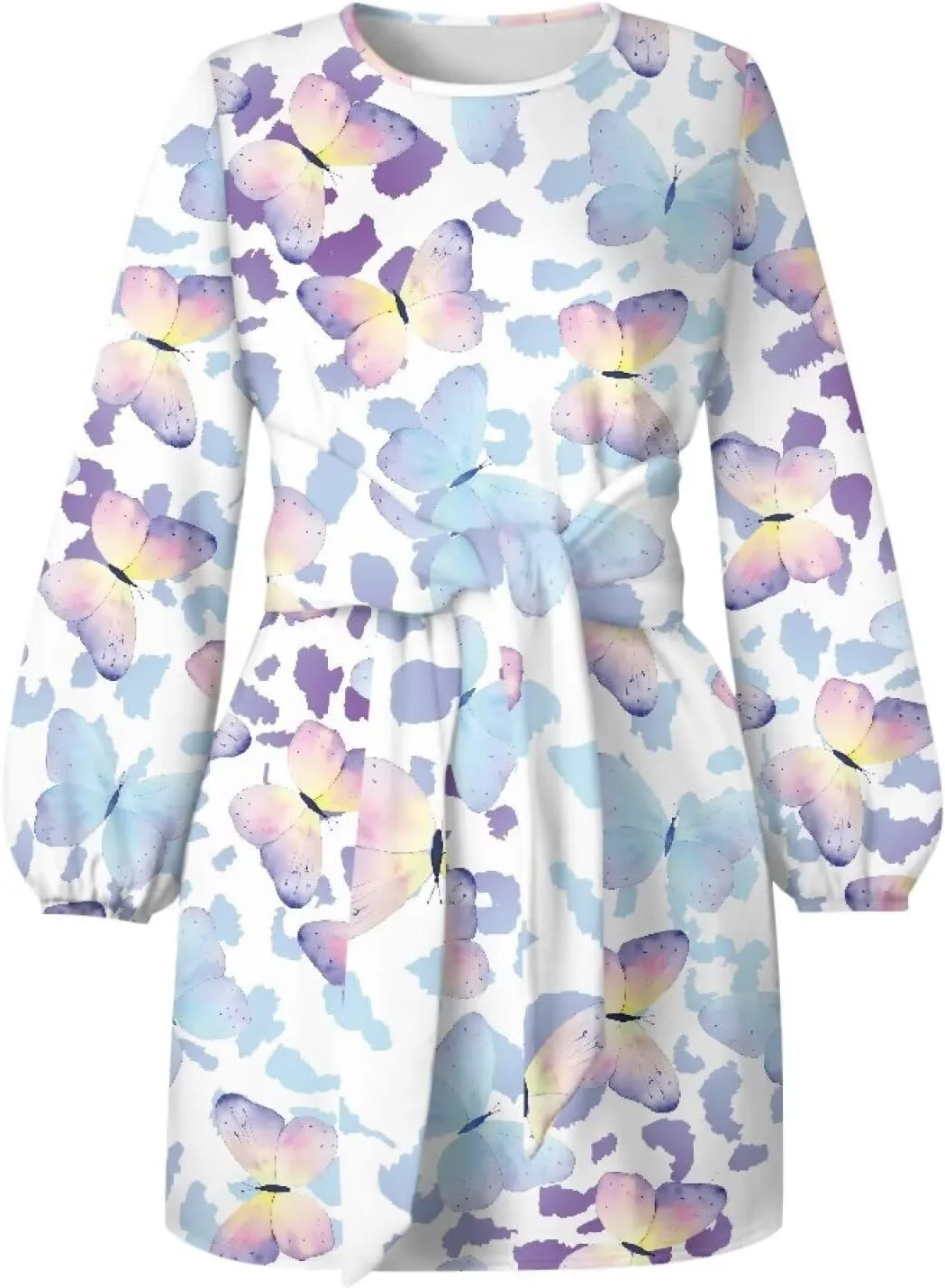TODIYADDU Womens Casual Long Sleeve Tie Dress Trendy Midi Dress with Belt Elegant Tie Knot Mini Short Swing Skater Dresses