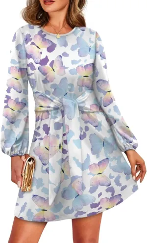 TODIYADDU Womens Casual Long Sleeve Tie Dress Trendy Midi Dress with Belt Elegant Tie Knot Mini Short Swing Skater Dresses