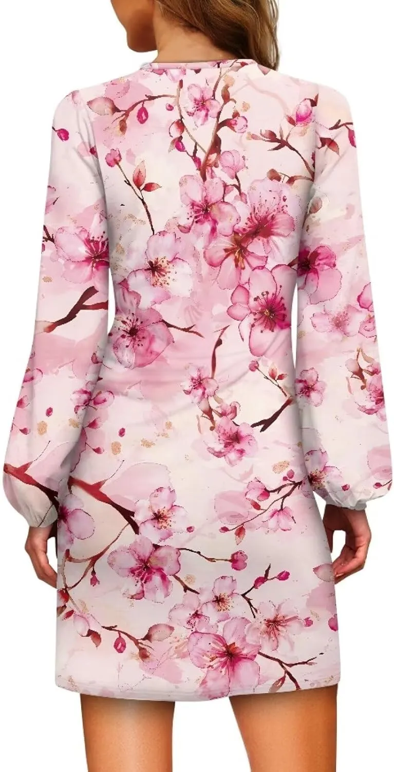 TODIYADDU Womens Casual Long Sleeve Tie Dress Trendy Midi Dress with Belt Elegant Tie Knot Mini Short Swing Skater Dresses