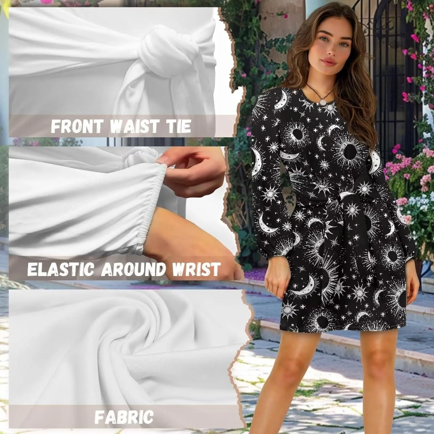 TODIYADDU Womens Casual Long Sleeve Tie Dress Trendy Midi Dress with Belt Elegant Tie Knot Mini Short Swing Skater Dresses