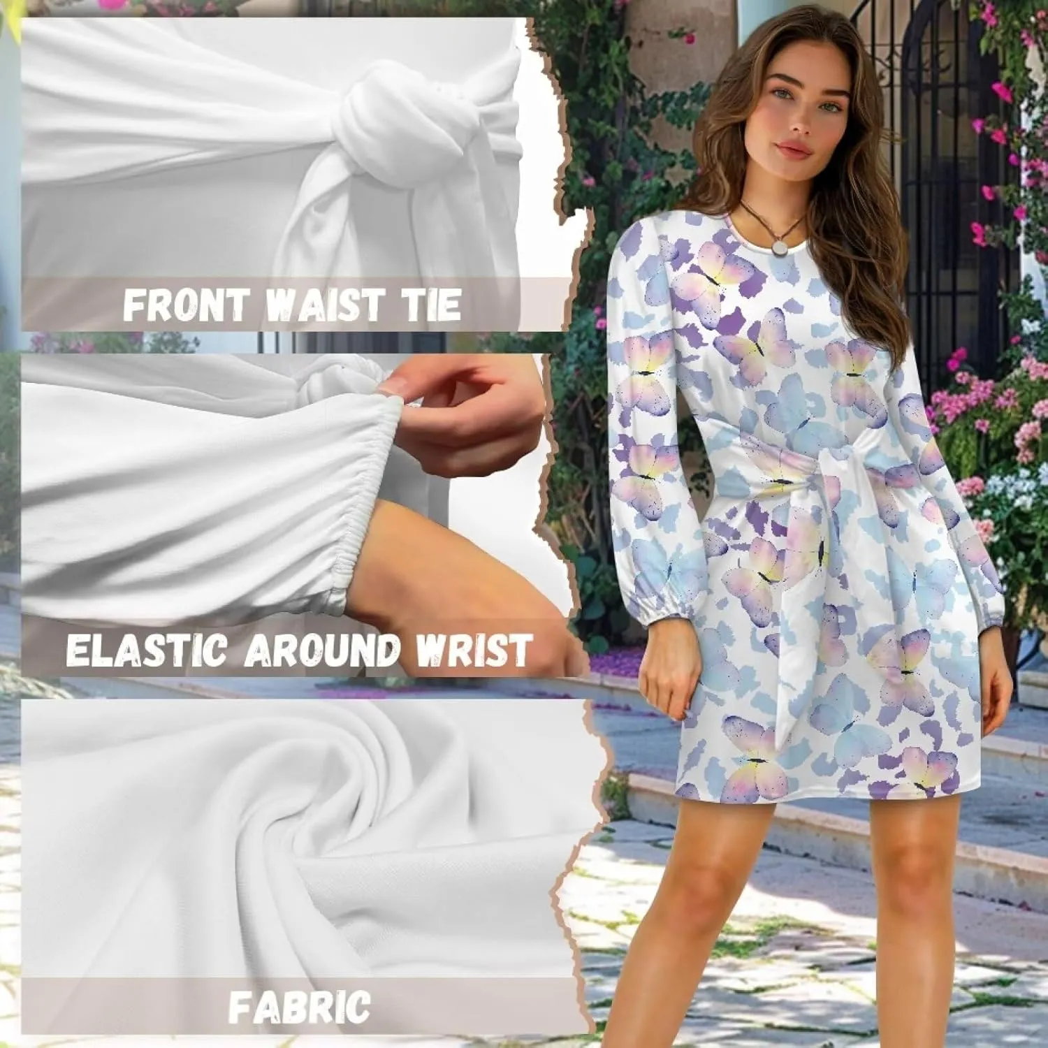 TODIYADDU Womens Casual Long Sleeve Tie Dress Trendy Midi Dress with Belt Elegant Tie Knot Mini Short Swing Skater Dresses
