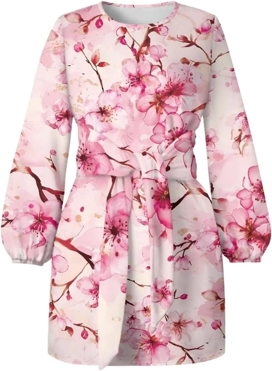 TODIYADDU Womens Casual Long Sleeve Tie Dress Trendy Midi Dress with Belt Elegant Tie Knot Mini Short Swing Skater Dresses