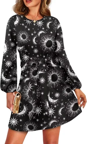 TODIYADDU Womens Casual Long Sleeve Tie Dress Trendy Midi Dress with Belt Elegant Tie Knot Mini Short Swing Skater Dresses