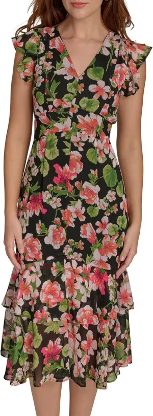 Tommy Hilfiger Women's Flutter Sleeve High Low Tiered Skirt Dress