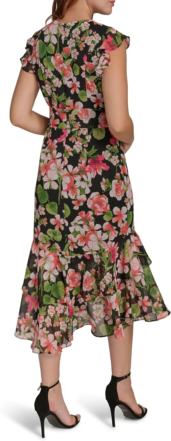 Tommy Hilfiger Women's Flutter Sleeve High Low Tiered Skirt Dress