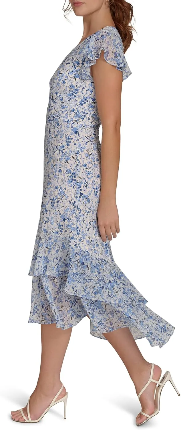 Tommy Hilfiger Women's Flutter Sleeve High Low Tiered Skirt Dress
