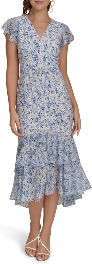 Tommy Hilfiger Women's Flutter Sleeve High Low Tiered Skirt Dress