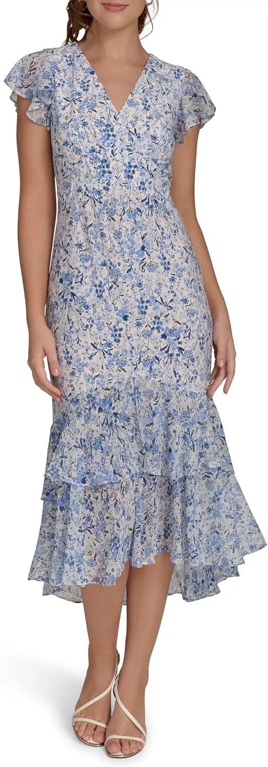 Tommy Hilfiger Women's Flutter Sleeve High Low Tiered Skirt Dress