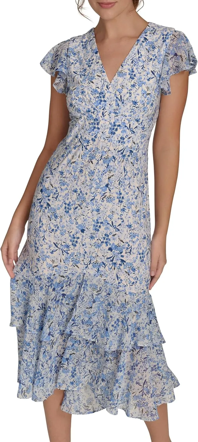 Tommy Hilfiger Women's Flutter Sleeve High Low Tiered Skirt Dress