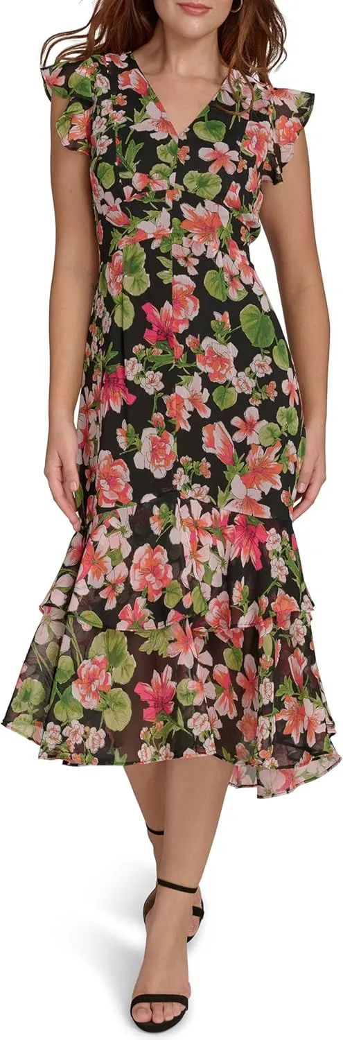 Tommy Hilfiger Women's Flutter Sleeve High Low Tiered Skirt Dress