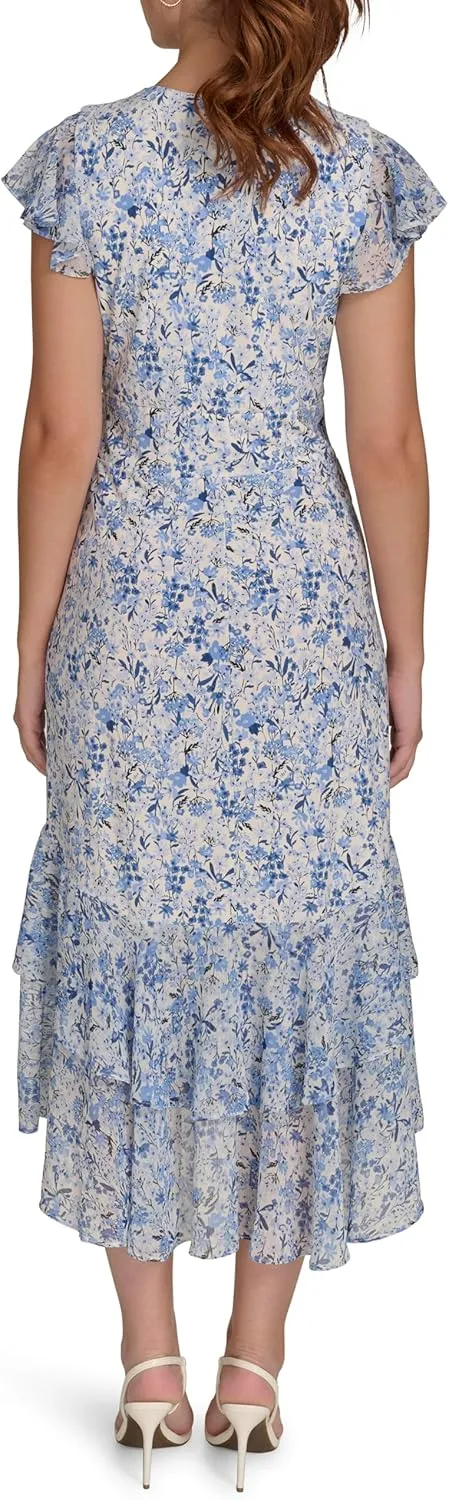 Tommy Hilfiger Women's Flutter Sleeve High Low Tiered Skirt Dress