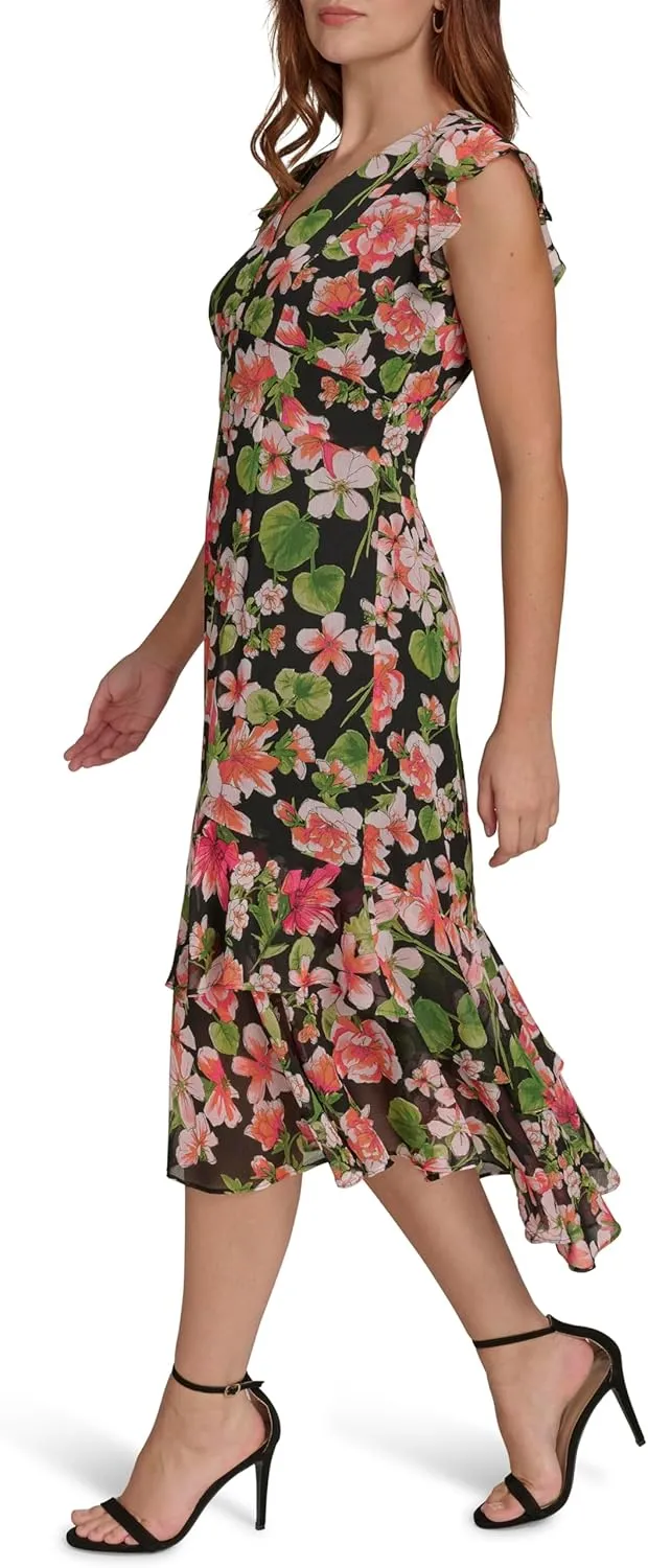 Tommy Hilfiger Women's Flutter Sleeve High Low Tiered Skirt Dress