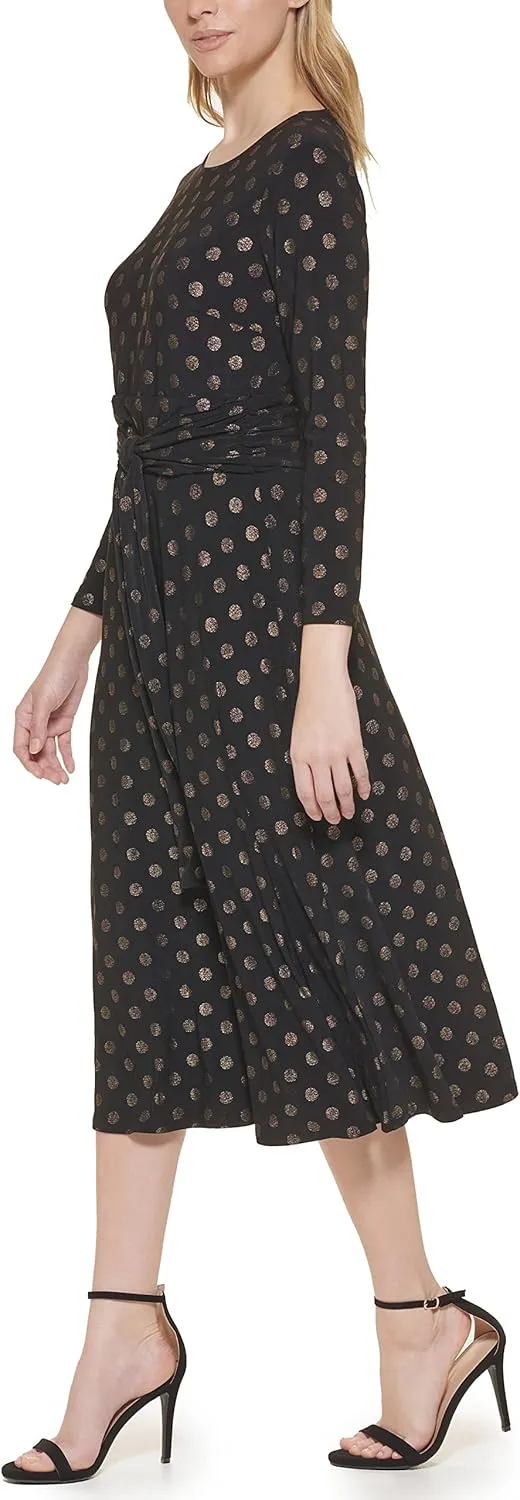 Tommy Hilfiger Women's Long Sleeve Jersey Midi Dress with Pleated Skirt