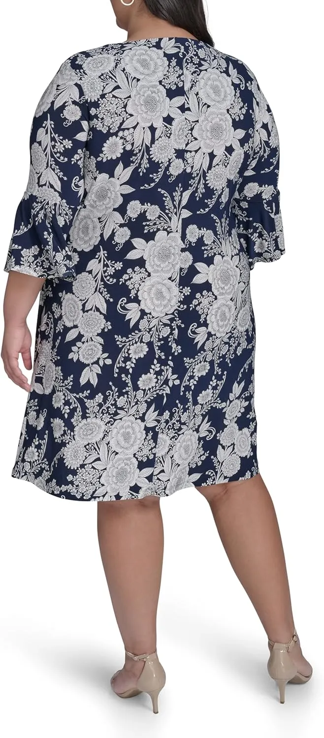 Tommy Hilfiger Women's Round Neck Printed Bell Sleeve Dress