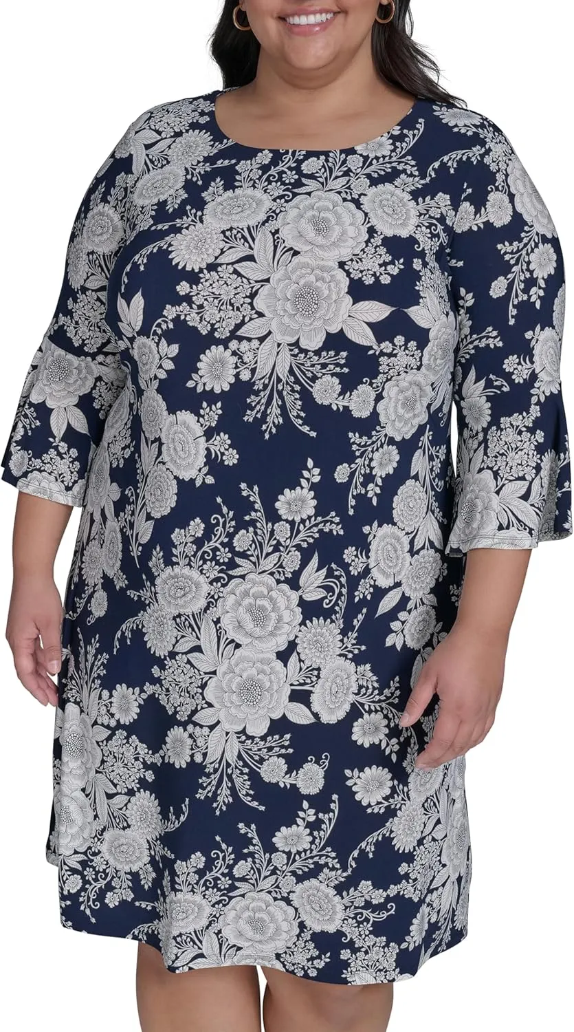 Tommy Hilfiger Women's Round Neck Printed Bell Sleeve Dress