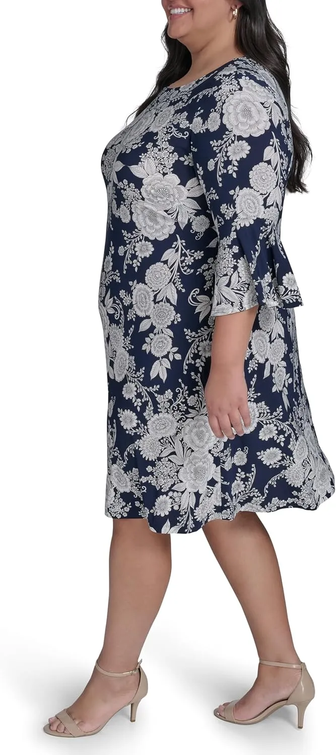 Tommy Hilfiger Women's Round Neck Printed Bell Sleeve Dress