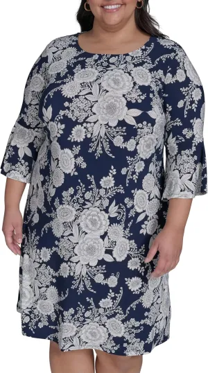 Tommy Hilfiger Women's Round Neck Printed Bell Sleeve Dress