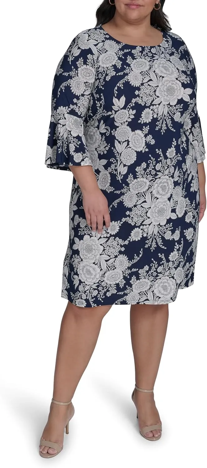 Tommy Hilfiger Women's Round Neck Printed Bell Sleeve Dress