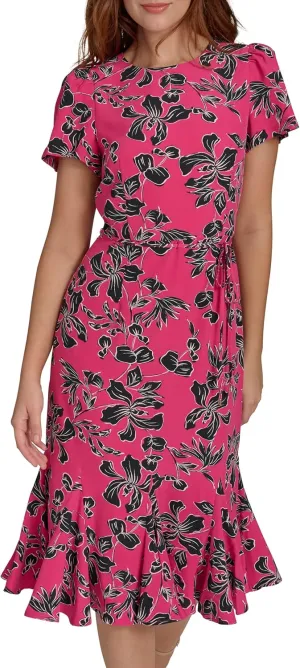 Tommy Hilfiger Women's Short Sleeve Pleated Hem Rope Belt Midi Dress
