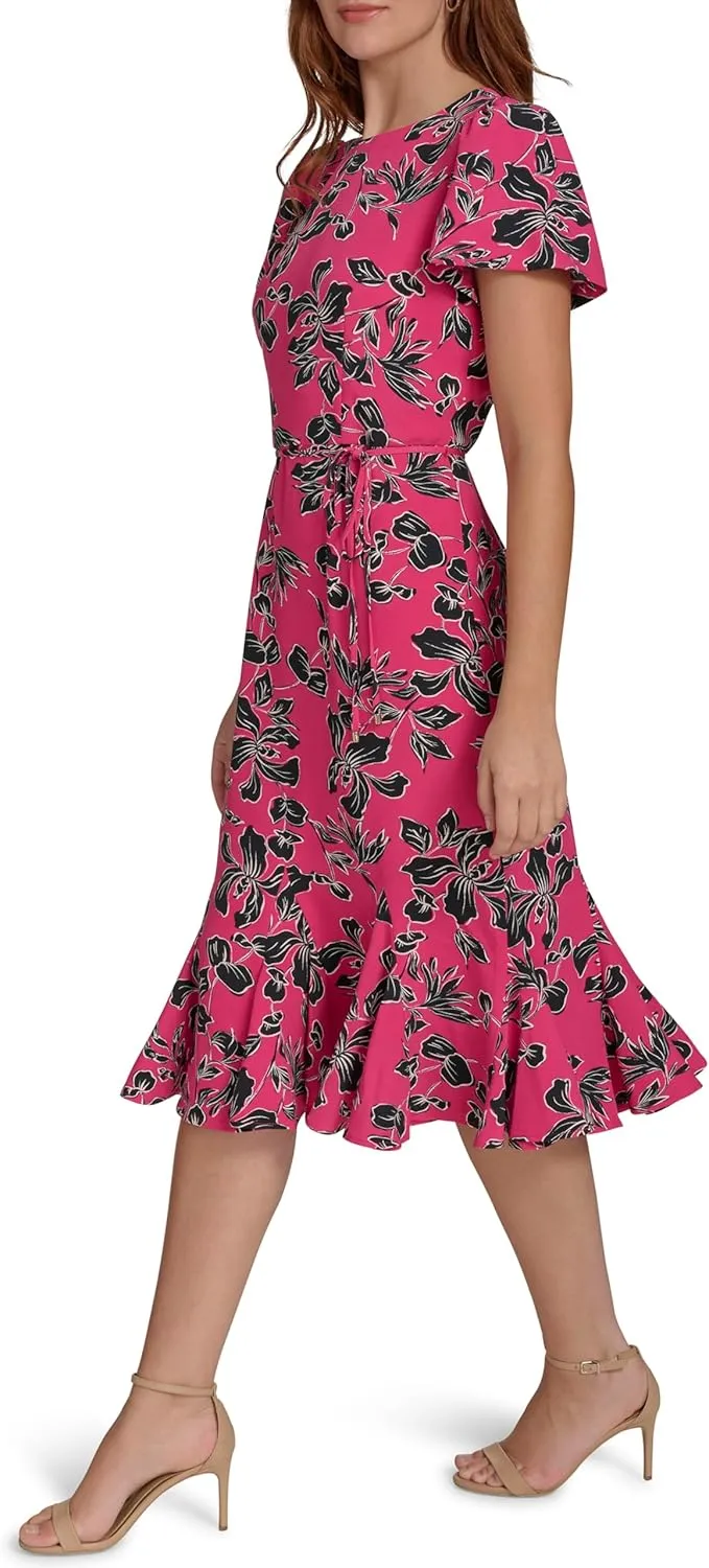 Tommy Hilfiger Women's Short Sleeve Pleated Hem Rope Belt Midi Dress