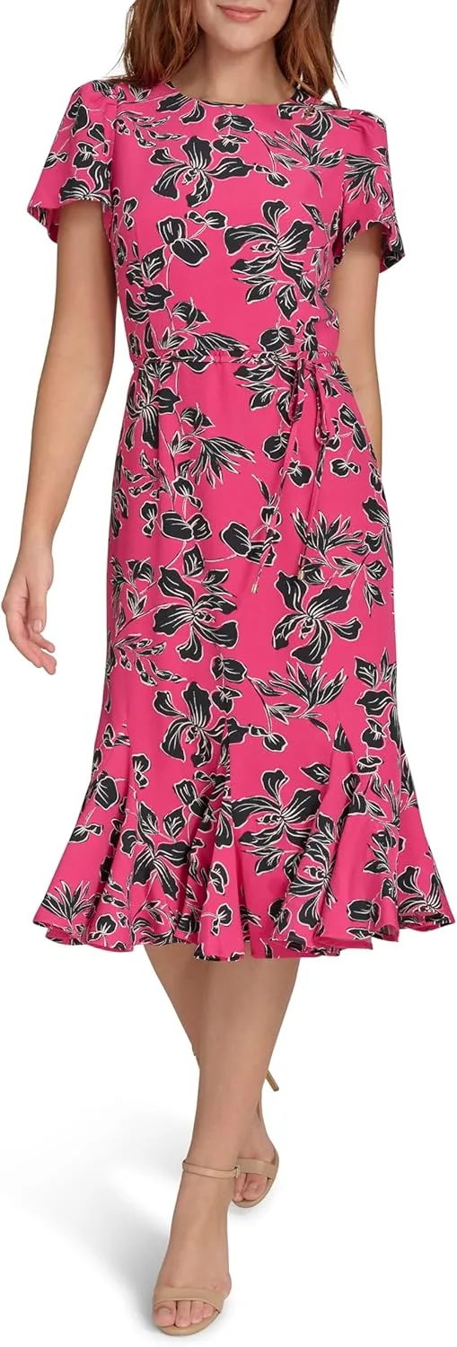 Tommy Hilfiger Women's Short Sleeve Pleated Hem Rope Belt Midi Dress