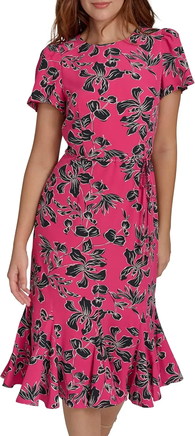Tommy Hilfiger Women's Short Sleeve Pleated Hem Rope Belt Midi Dress