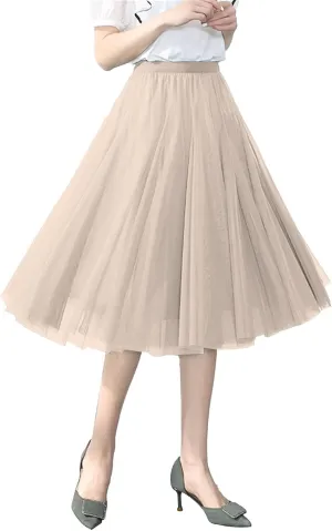 Tulle Skirts for Women Long Flowy Midi Length Elastic High Waist Pleated Mesh Skirt A-Line Party Tulle Dress Womens Skirt