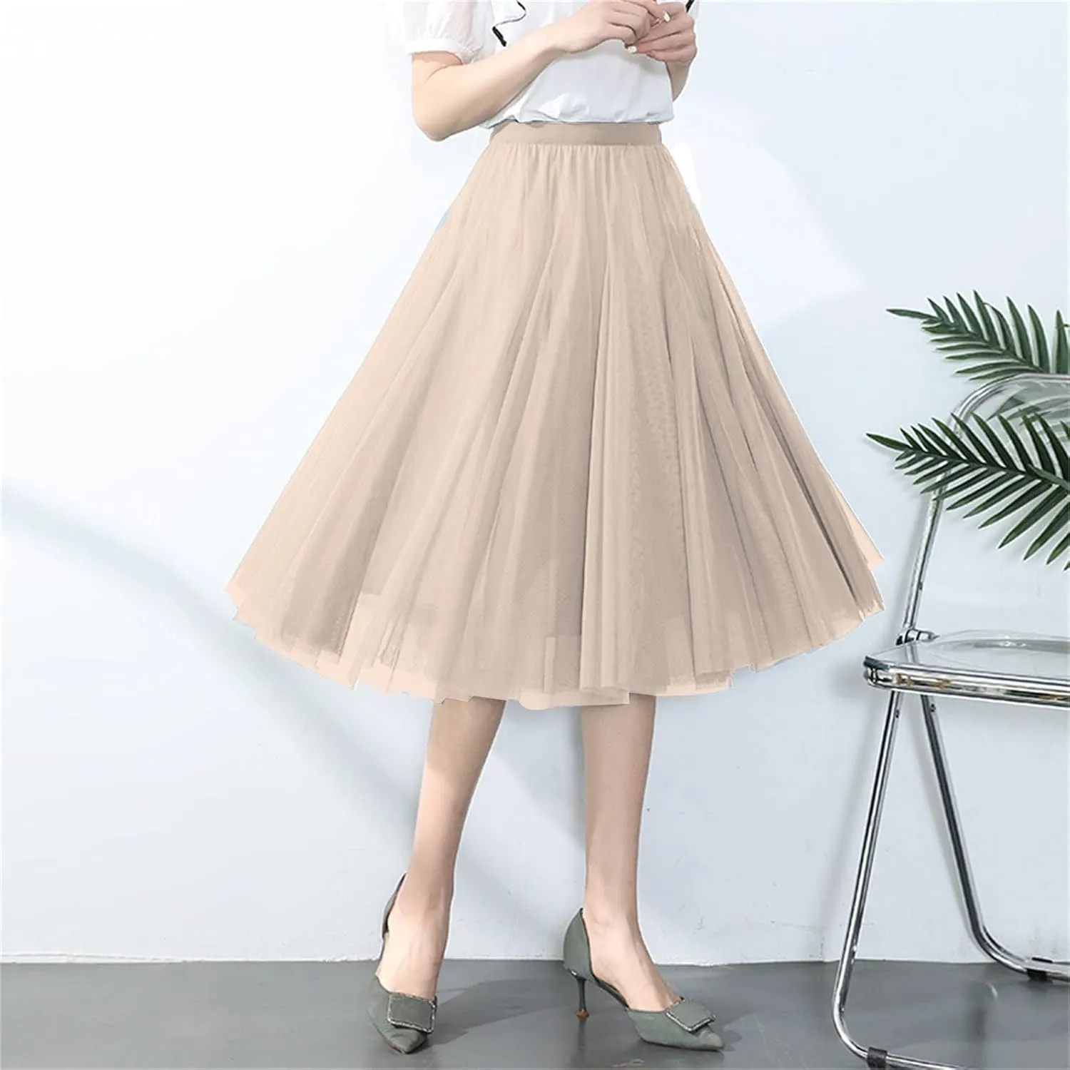 Tulle Skirts for Women Long Flowy Midi Length Elastic High Waist Pleated Mesh Skirt A-Line Party Tulle Dress Womens Skirt