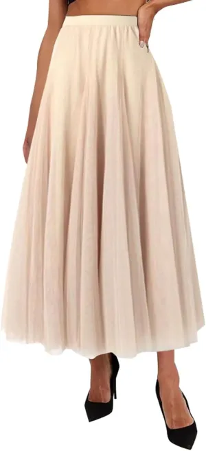 Tulle Skirts for Women Long Flowy Midi Length Elastic High Waist Pleated Mesh Skirt A-Line Party Tulle Dress Womens Skirt