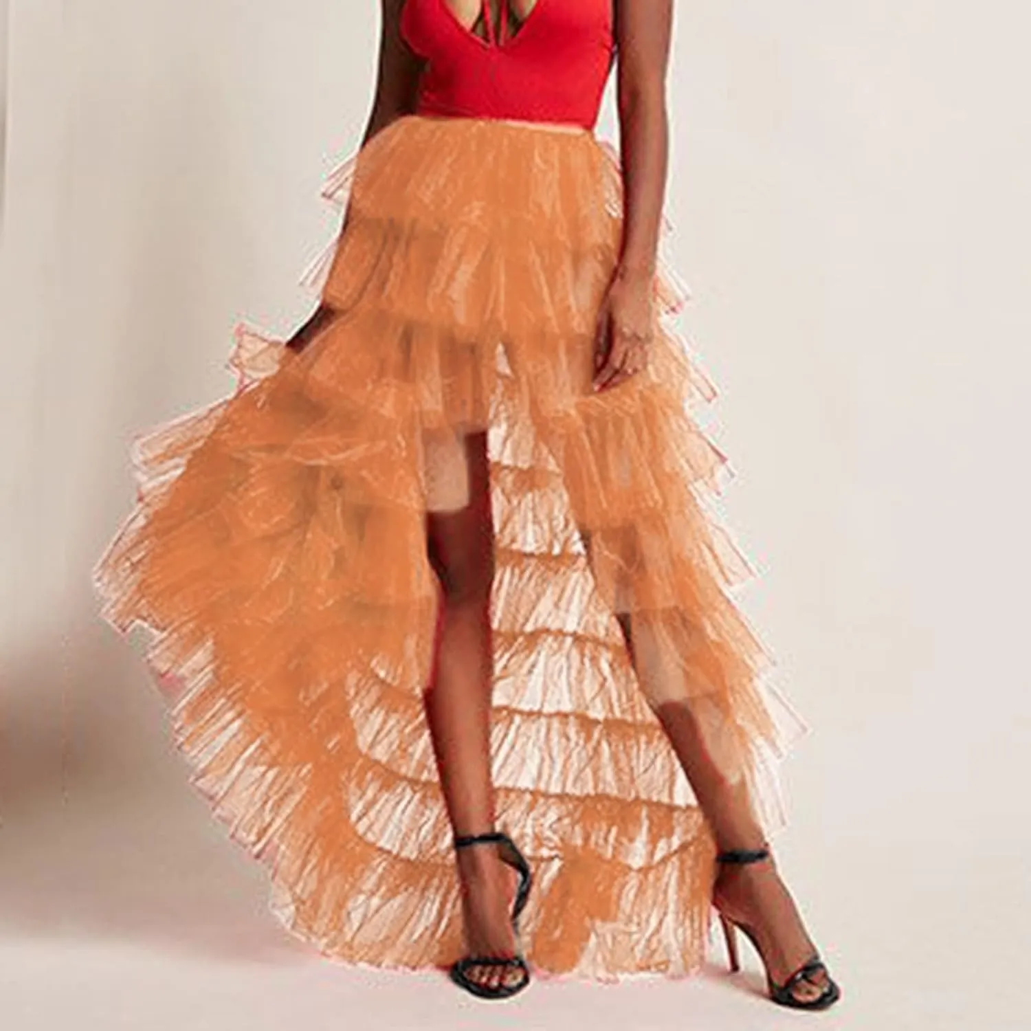 Tutu Skirts Women's Elastic High Waist Slit Party Petticoat Solid Tiered Ruffle Tulle Skirt A-Line Maxi Skirts