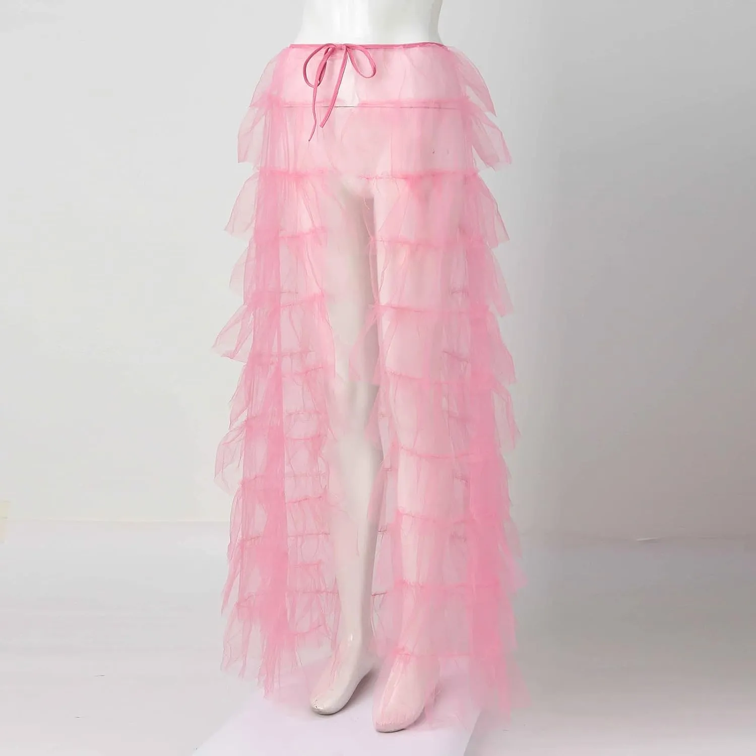 Tutu Skirts Women's Elastic High Waist Slit Party Petticoat Solid Tiered Ruffle Tulle Skirt A-Line Maxi Skirts