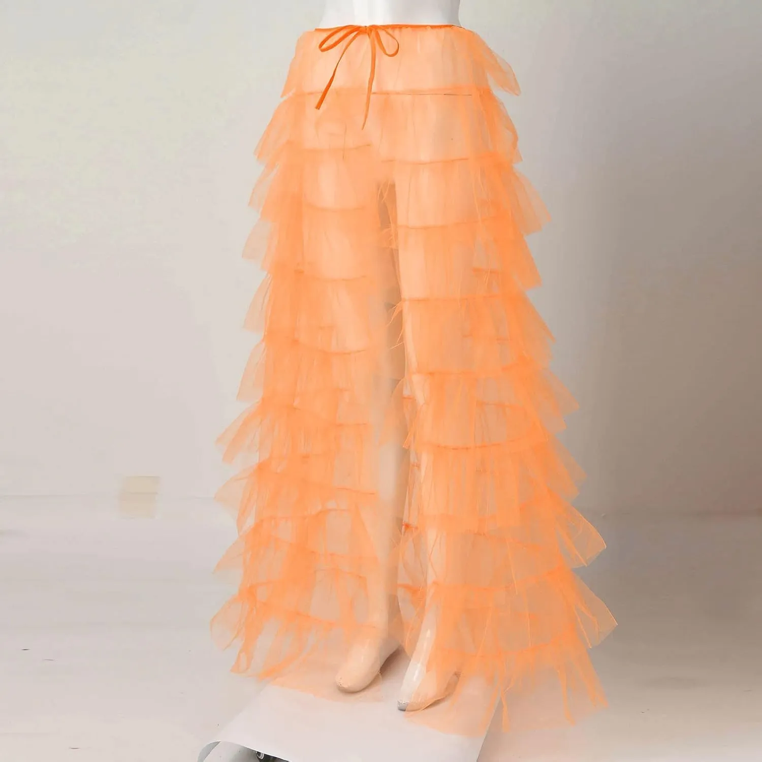 Tutu Skirts Women's Elastic High Waist Slit Party Petticoat Solid Tiered Ruffle Tulle Skirt A-Line Maxi Skirts