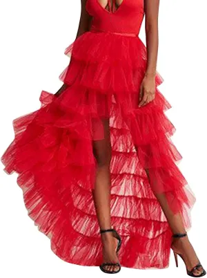 Tutu Skirts Women's Elastic High Waist Slit Party Petticoat Solid Tiered Ruffle Tulle Skirt A-Line Maxi Skirts