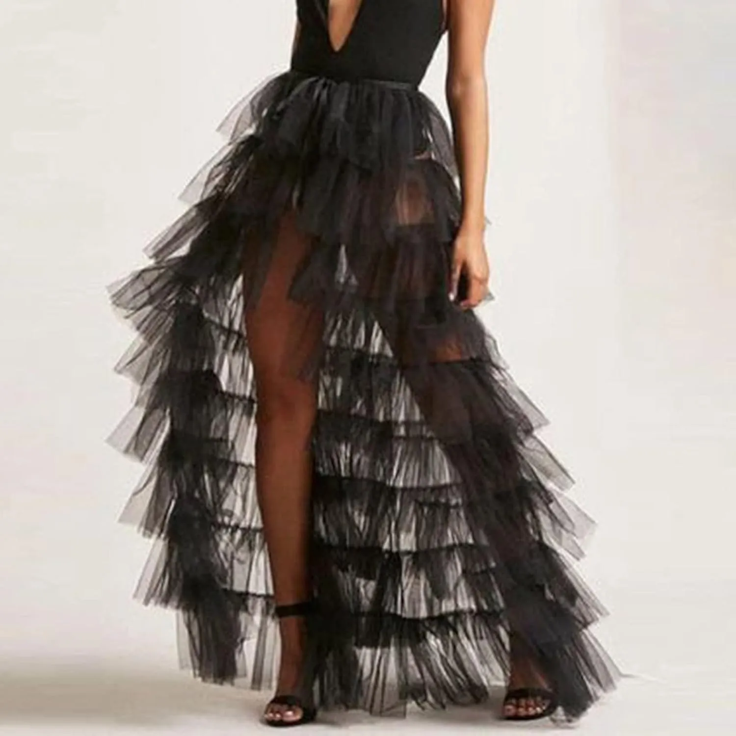 Tutu Skirts Women's Elastic High Waist Slit Party Petticoat Solid Tiered Ruffle Tulle Skirt A-Line Maxi Skirts