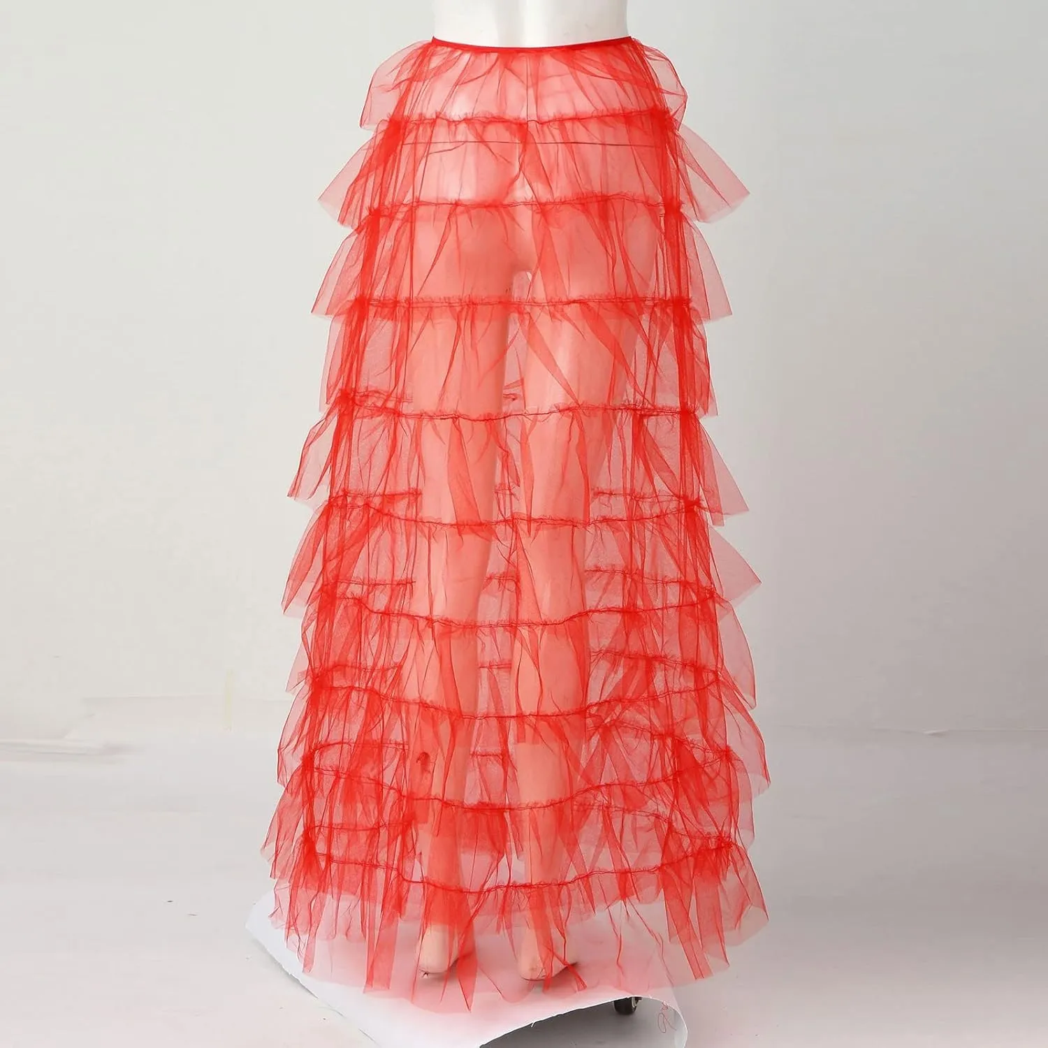 Tutu Skirts Women's Elastic High Waist Slit Party Petticoat Solid Tiered Ruffle Tulle Skirt A-Line Maxi Skirts
