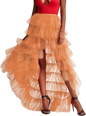 Tutu Skirts Women's Elastic High Waist Slit Party Petticoat Solid Tiered Ruffle Tulle Skirt A-Line Maxi Skirts