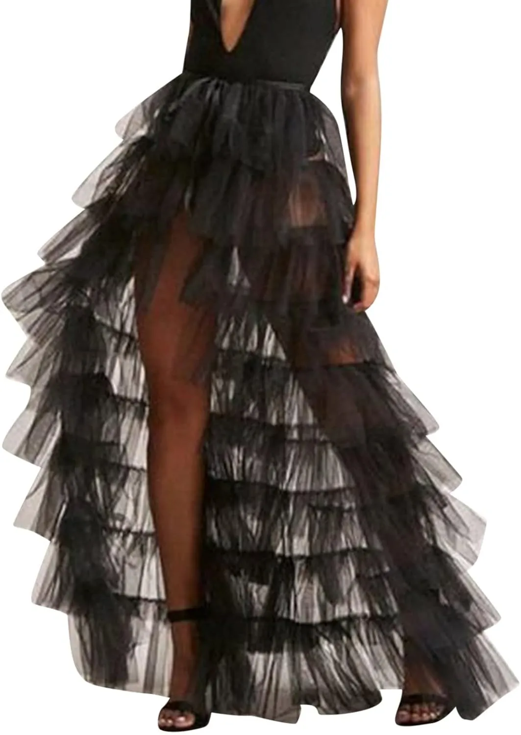 Tutu Skirts Women's Elastic High Waist Slit Party Petticoat Solid Tiered Ruffle Tulle Skirt A-Line Maxi Skirts