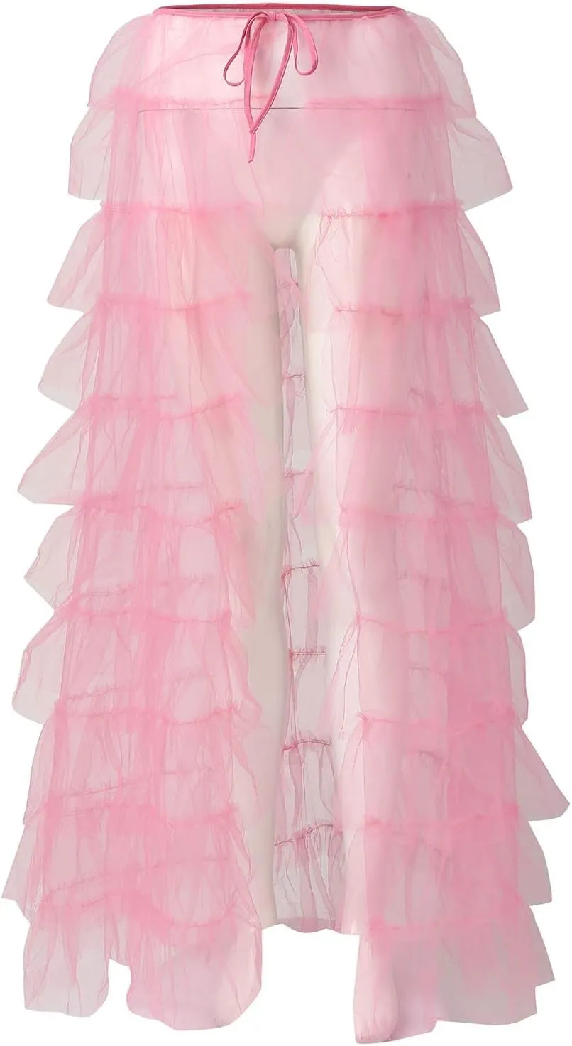 Tutu Skirts Women's Elastic High Waist Slit Party Petticoat Solid Tiered Ruffle Tulle Skirt A-Line Maxi Skirts