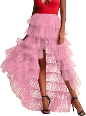 Tutu Skirts Women's Elastic High Waist Slit Party Petticoat Solid Tiered Ruffle Tulle Skirt A-Line Maxi Skirts