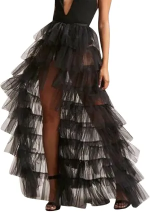 Tutu Skirts Women's Elastic High Waist Slit Party Petticoat Solid Tiered Ruffle Tulle Skirt A-Line Maxi Skirts