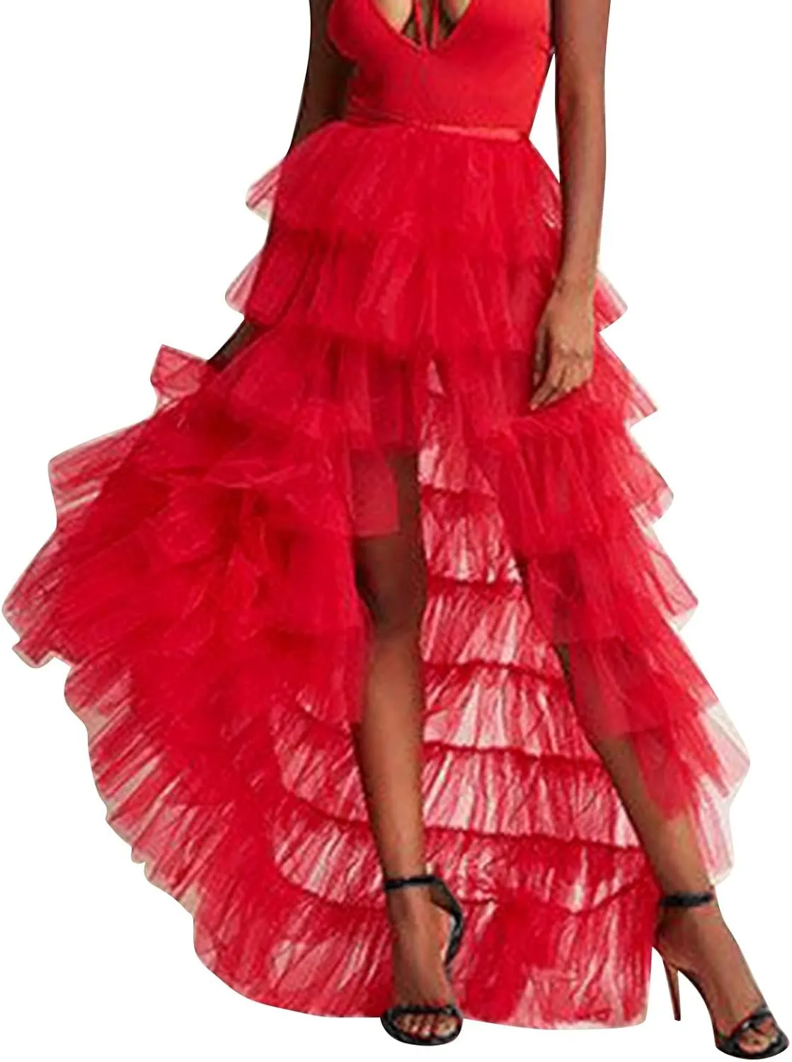 Tutu Skirts Women's Elastic High Waist Slit Party Petticoat Solid Tiered Ruffle Tulle Skirt A-Line Maxi Skirts