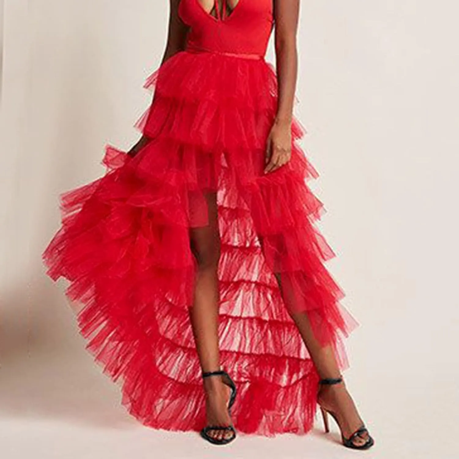 Tutu Skirts Women's Elastic High Waist Slit Party Petticoat Solid Tiered Ruffle Tulle Skirt A-Line Maxi Skirts