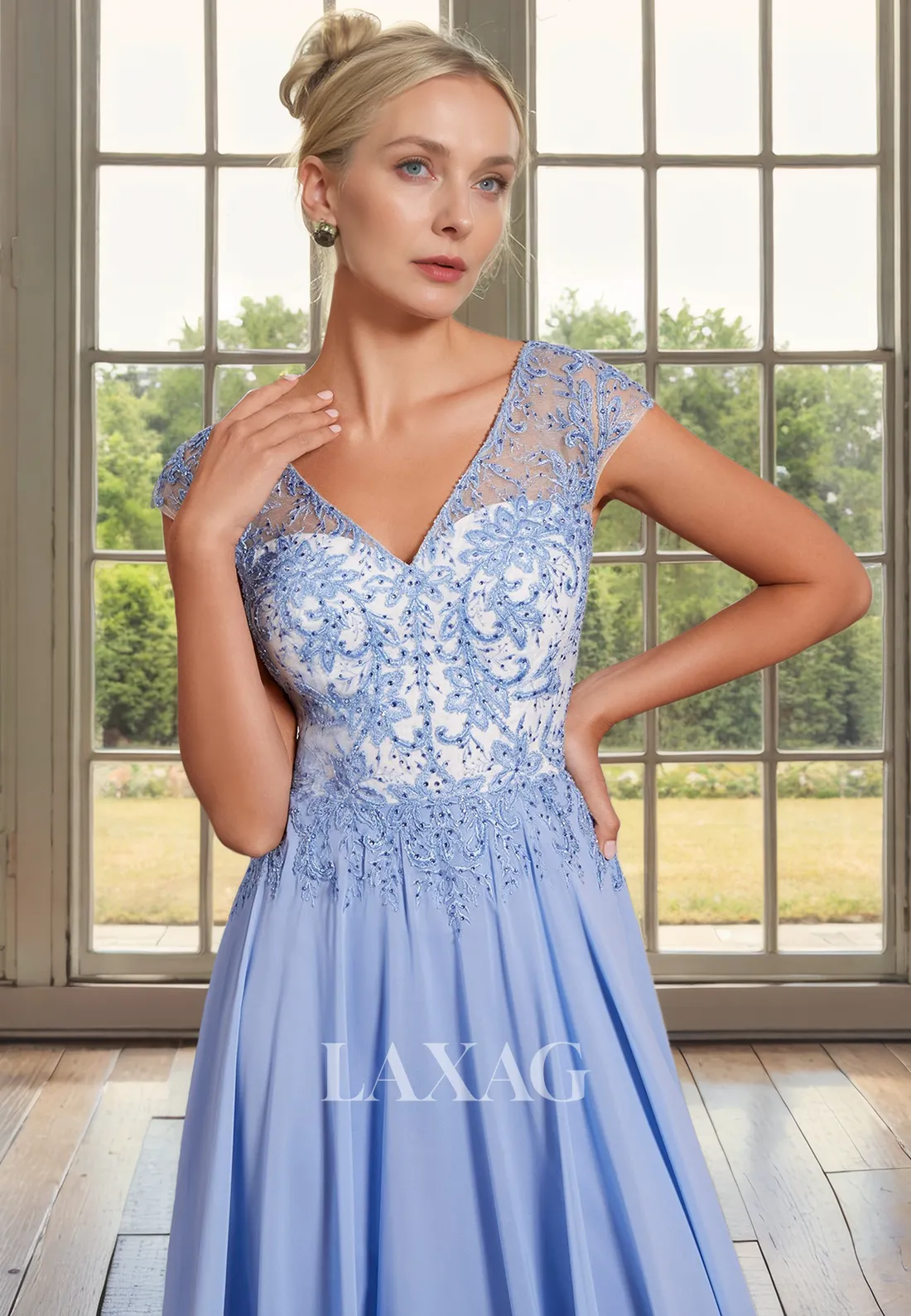 Two-Piece A-Line V-Neck Cap Sleeves Appliques Beaded Mother of the Bride Dress