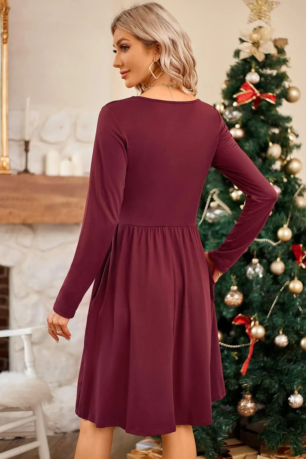 ULTRANICE Women's Fall Casual Long Sleeve Dresses V Neck Swing Midi Dress with Pockets