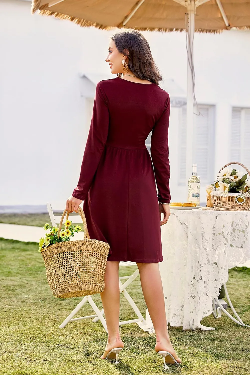 ULTRANICE Women's Fall Casual Long Sleeve Dresses V Neck Swing Midi Dress with Pockets
