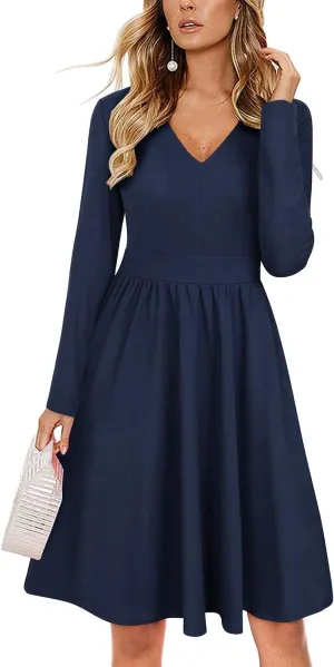 ULTRANICE Women's Fall Casual Long Sleeve Dresses V Neck Swing Midi Dress with Pockets